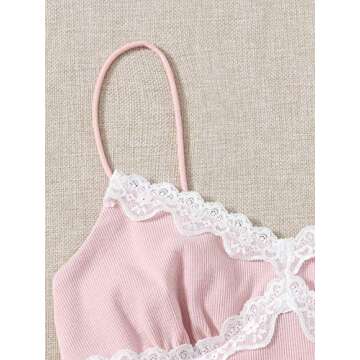 SweatyRocks Women's Lace Patchwork Spaghetti Strap Crop Cami Cute Ribbed Knit Slim Fit V Neck Camisole Tank Tops