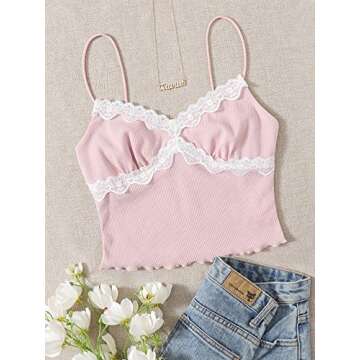 SweatyRocks Women's Lace Patchwork Spaghetti Strap Crop Cami Cute Ribbed Knit Slim Fit V Neck Camisole Tank Tops