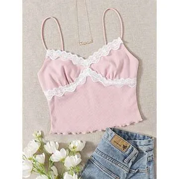 SweatyRocks Women's Lace Patchwork Spaghetti Strap Crop Cami Cute Ribbed Knit Slim Fit V Neck Camisole Tank Tops