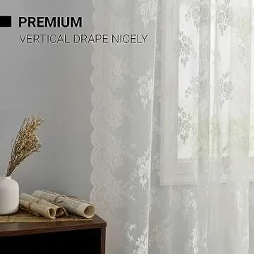 Kotile Ivory Lace Curtains 84 Inches Long - Vintage Embroidered Floral Sheer Lace Curtains for Living Room, Scalloped Privacy Lace Curtain Panels for Windows, 52 x 84 Inch, 2 Panels, Ivory