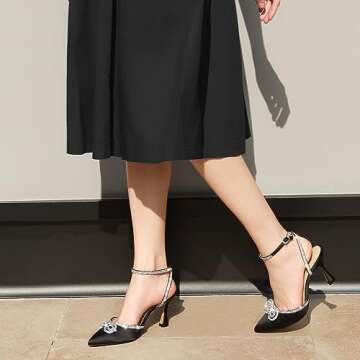 Ankis Women's Rhinestone Bow Heels Closed Toe Pumps Strappy Heels for Women Wedding Shoes for Bride Party Prom Evening Dress Shoes Black Satin