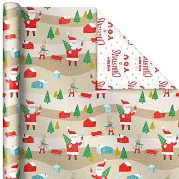Hallmark Reversible Christmas Wrapping Paper (3 Rolls: 120 sq. ft. ttl) Rustic Santa, Papercraft Snowmen, Candy Canes, Stripes, Snowflakes, "Merry Christmas to You"