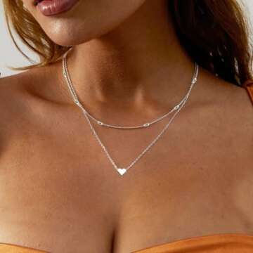 Aluinn Love Heart Choker Necklace for Women Silver Layered Simple Beads Pendant Necklace Simple Chain jewelry for Women