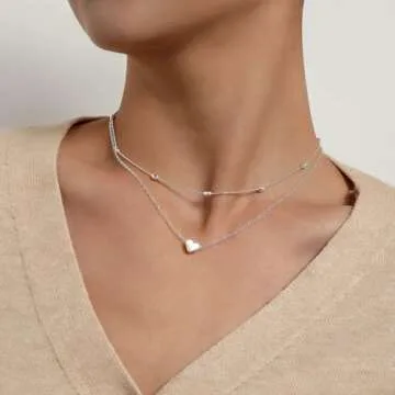 Aluinn Love Heart Choker Necklace for Women Silver Layered Simple Beads Pendant Necklace Simple Chain jewelry for Women