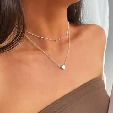Aluinn Love Heart Choker Necklace for Women Silver Layered Simple Beads Pendant Necklace Simple Chain jewelry for Women