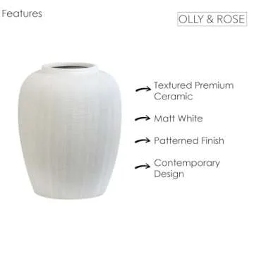 Olly & Rose Rhodes Vase - Flower Vase - White Ceramic Vases Patterned 20cm 8 Inch