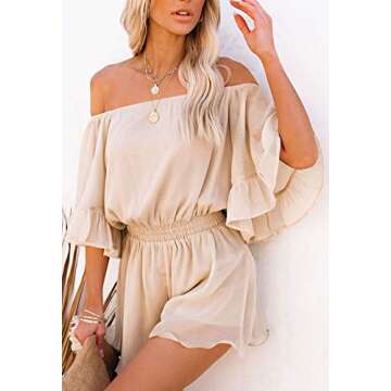 Fixmatti Women's Jumpsuit Summer Chiffon Boat Neck Short Sleeve Casual Beach Rompers Apricot S