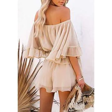 Fixmatti Women's Jumpsuit Summer Chiffon Boat Neck Short Sleeve Casual Beach Rompers Apricot S