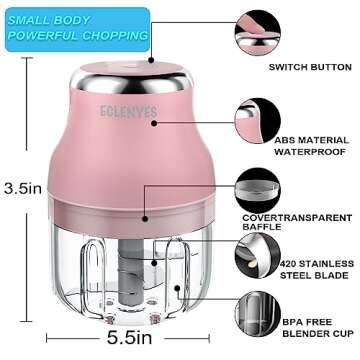Vegetable Chopper, Electric Garlic Chopper, 250ML USB Rechargeable Mini Chopper, Powerful Small Food Processor, Blender to Vegetable, Wireless Food Chopper for Ginger, Chili, Fruit, Meat, etc（Pink）