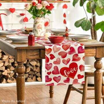 Artoid Mode Red Sweet Love Heart Valentine's Table Runner, Anniversary Wedding Kitchen Dining Table Decoration for Home Party Decor 13x72 Inch