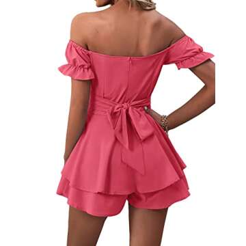Stylish LYANER Peach Red Off Shoulder Ruffle Romper for Women