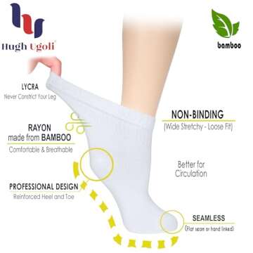 Hugh Ugoli Women's Rayon derived from Bamboo Ankle Loose Fit Diabetic Socks, Soft, Seamless Toe, Wid...