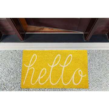 DII Hello Coir Fiber Doormat Non-Slip Durable Outdoor/Indoor, Pet Friendly, 17.5x29.5, Yellow