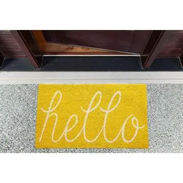 DII Hello Coir Fiber Doormat Non-Slip Durable Outdoor/Indoor, Pet Friendly, 17.5x29.5, Yellow