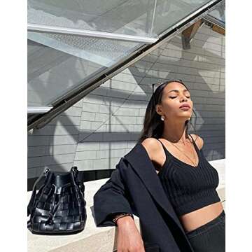 TIJN Woven Bucket Bag for Women Luxury Satchel Handbag with Vegan Leather Crossbody Bag,Black(Ailin)