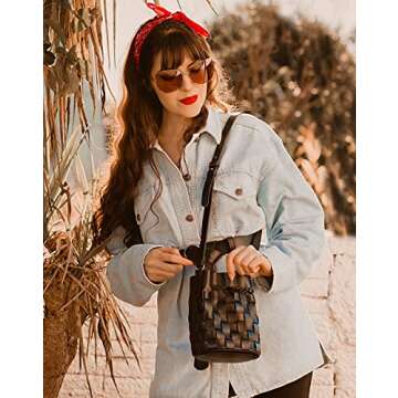 TIJN Woven Bucket Bag for Women Luxury Satchel Handbag with Vegan Leather Crossbody Bag,Black(Ailin)