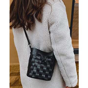 TIJN Woven Bucket Bag for Women Luxury Satchel Handbag with Vegan Leather Crossbody Bag,Black(Ailin)