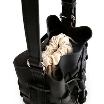 TIJN Woven Bucket Bag for Women Luxury Satchel Handbag with Vegan Leather Crossbody Bag,Black(Ailin)