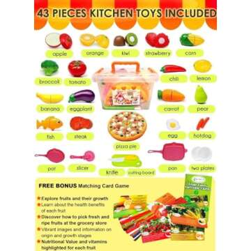 FUNERICA Play Kitchen Cutting Food Toys for Kids - Pretend Cutting Fruits, Vegetables, Cuttable Pizz...