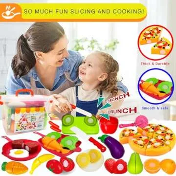 FUNERICA Play Kitchen Cutting Food Toys for Kids - Pretend Cutting Fruits, Vegetables, Cuttable Pizza Pie, Poultry and Fish, Toddler Play Kitchen Accessories with Pots and Utensils