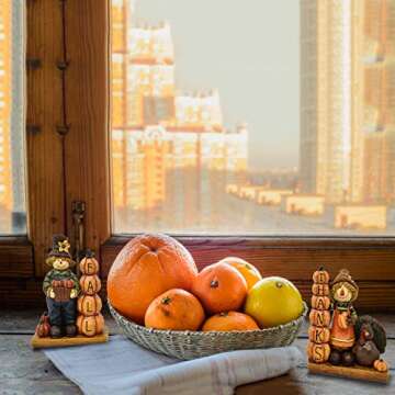 Thanksgiving Decorations Set of 2 Boy and Girl Scarecrow Figurines Table Toppers Harvest Autumn Resin Centerpiece Fall Thanks Turkey Pumpkin Figure for Fireplace Mantle Home Party Decor Accessories