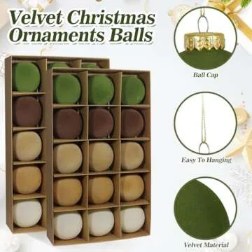 30 Pcs Velvet Christmas Ball Ornaments, 3.15 Inch Christmas Tree Ball Ornaments Flocked Plastic Balls Xmas Hanging Decorations for Tree Holiday Party (Brown, Green, Khaki, Beige, 3.15 Inch)
