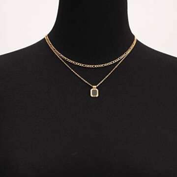 LETTARIUS Layering Necklace Gold Curb Chain Choker Dainty Black Square Pendant Layered Collar Necklace Stainless Steel Jewelry for Women