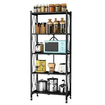 Storage Shelves, Closet Organizers and Storage 5-Shelf Foldable Metal Shelving Units 28" W x 14" D x 65" H for Garage Kitchen Bakers, Collapsible Organizer Rack, Heavy Duty on Wheels (5 SHELF)