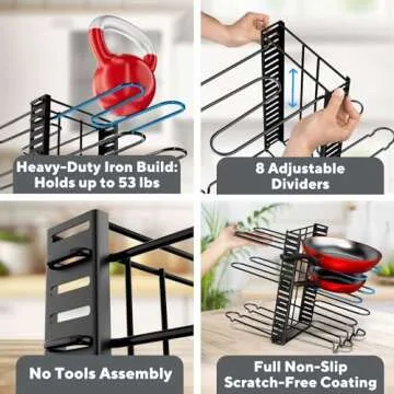 Pots and Pans Organizer Under Cabinet - 8-Tier Adjustable Pan Organizer Rack for Cabinet - Heavy-Duty Pot & Pan Organizer - Perfect to Store Pots, Pans, Lids - Easy Kitchen Organization and Storage