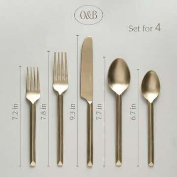 over&back 20pc Hand-Forged Flatware Cutlery Set - Comes with 4 Dinner Forks, 4 Salad Forks, 4 Dinner Knives, 4 Dinner Spoons, and 4 Teaspoons - 18/8 Stainless Steel - Dishwasher-Safe - Champagne