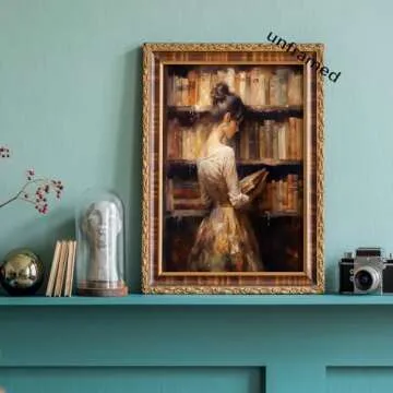 Jesicatmin Vintage Portrait Oil Painting Wall Art Retro Library Girl Reading Old Book Posters Famous Antique Female Canvas Pictures Prints Wall Decor Aesthetic for Bedroom Gallery 16x22in Unframed