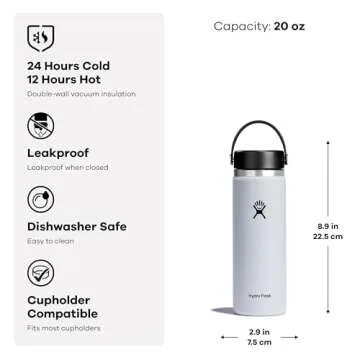 Hydro Flask 20 Oz Wide Mouth Flex Bottle, Trillium, Stainless Steel, Double Wall, Leakproof, Cupholder-friendly, Sport, 20 Fluid Ounces