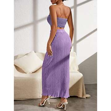 OYOANGLE Women's 2 Piece Outfits Off Shoulder Shirred Back Drawstring Ruched Front Crop Tube Top Plisse Skirt Set Lilac Purple S