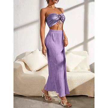 OYOANGLE Women's 2 Piece Outfits Off Shoulder Shirred Back Drawstring Ruched Front Crop Tube Top Plisse Skirt Set Lilac Purple S