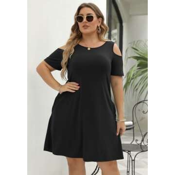 Nemidor Women's Cold Shoulder Plus Size Casual T-Shirt Stretchy Swing Dress with Pockets (18,Black)