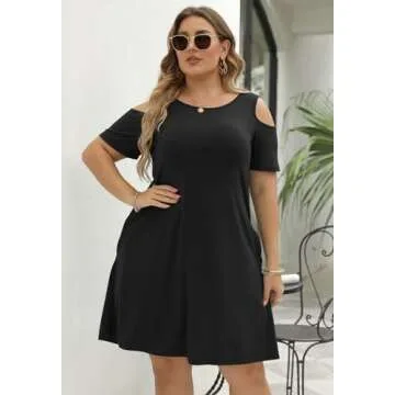 Nemidor Women's Cold Shoulder Plus Size Casual T-Shirt Stretchy Swing Dress with Pockets (18,Black)