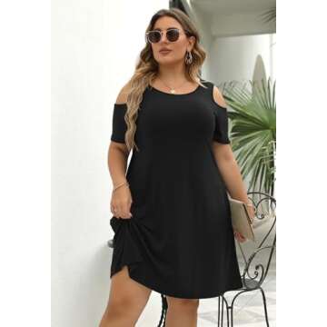 Nemidor Women's Cold Shoulder Plus Size Casual T-Shirt Stretchy Swing Dress with Pockets (18,Black)