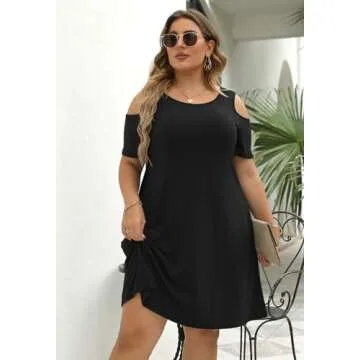 Nemidor Women's Cold Shoulder Plus Size Casual T-Shirt Stretchy Swing Dress with Pockets (18,Black)