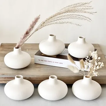Carrot's Den - Set of 6 Nordic Minimalist White Ceramic Donut Bud Vases for Decor | Modern Boho Vase...