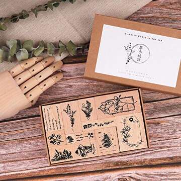 NOGAMOGA Wooden Rubber Stamps - 12pcs Unique Plant Patterns Set for Crafting