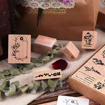 NOGAMOGA 12pcs Plant Pattern Wooden Rubber Stamps for Crafts