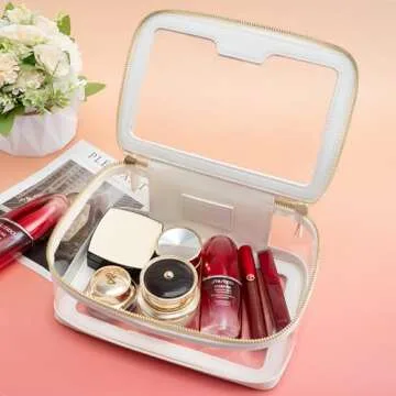 Aveniee Clear Makeup Bag, Travel Toiletry Bag for Women, Large Make up Case Cosmetic Bag with Dual Zipper, Transparent Car Organization Makeup Organizer Pouch for toiletries (Off-White)