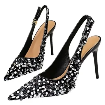 LUXINYU Women Fashion High Heels Pointed Toe Stiletto Pu Leather Sequin Upper Hollow Heels Dress Sho...