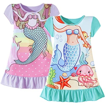 ZEBZOO Nightgowns for Girls Mermaid Princess Dress Toddler Kids Pajamas Night Gown (2-PACK, 5-6 Year...