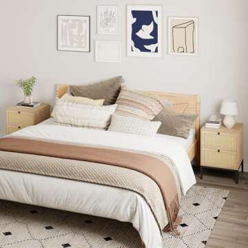 XIAO WEI Rattan Nightstand Set of 2, Boho Night Stand with Drawers, Bedside Table Accent Cane End Table Side Table for Bedroom Living Room, Metal Legs/Small/Natural