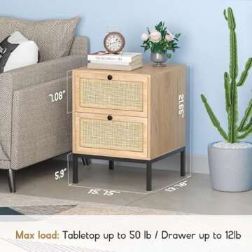 XIAO WEI Rattan Nightstand Set of 2, Boho Night Stand with Drawers, Bedside Table Accent Cane End Table Side Table for Bedroom Living Room, Metal Legs/Small/Natural