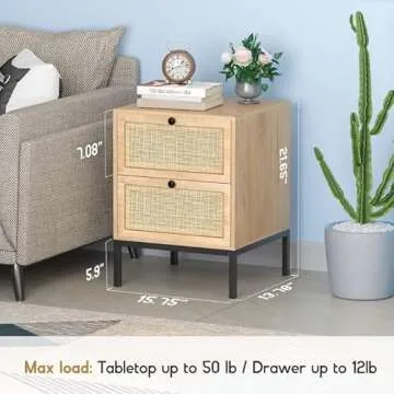 XIAO WEI Rattan Nightstand Set of 2, Boho Night Stand with Drawers, Bedside Table Accent Cane End Table Side Table for Bedroom Living Room, Metal Legs/Small/Natural