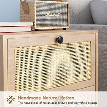 XIAO WEI Rattan Nightstand Set of 2, Boho Night Stand with Drawers, Bedside Table Accent Cane End Table Side Table for Bedroom Living Room, Metal Legs/Small/Natural