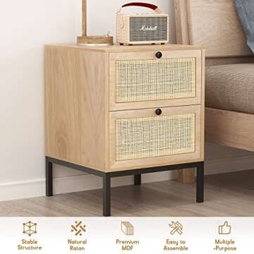XIAO WEI Rattan Nightstand Set of 2, Boho Night Stand with Drawers, Bedside Table Accent Cane End Table Side Table for Bedroom Living Room, Metal Legs/Small/Natural