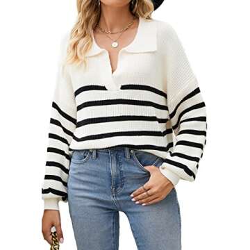 CHYRII Women Oversized Puff Sleeve V Neck Knitted Pullover
